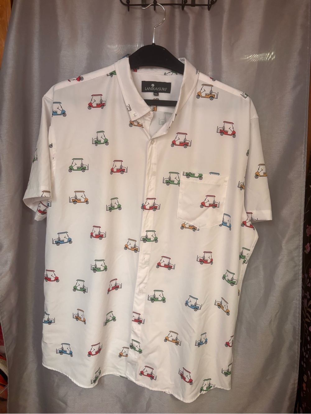 Lanikaisurf White Short-Sleeve Shirt with Multicolor Golf Cart Print